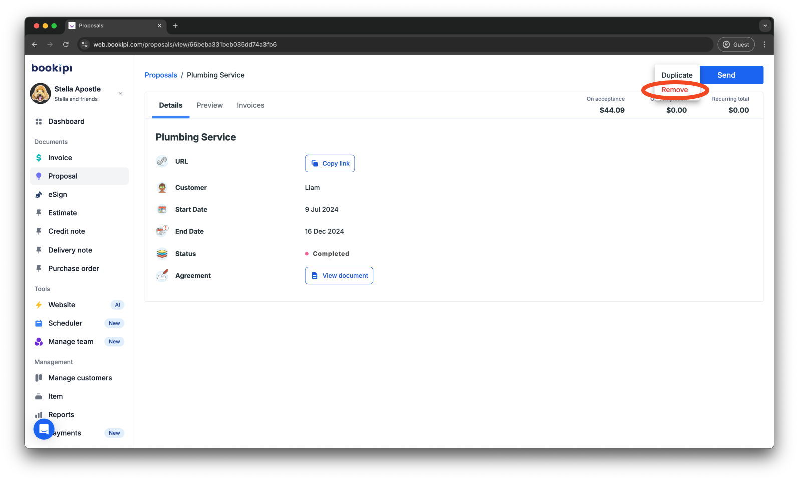 Bookipi Proposal Maker - How to delete a proposal on the Web App - 4