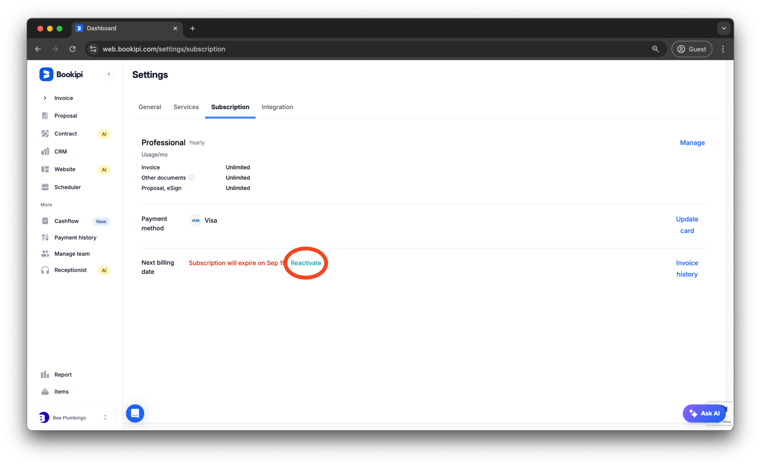 Bookipi Subscriptions - How to reactivate subscriptions - 4