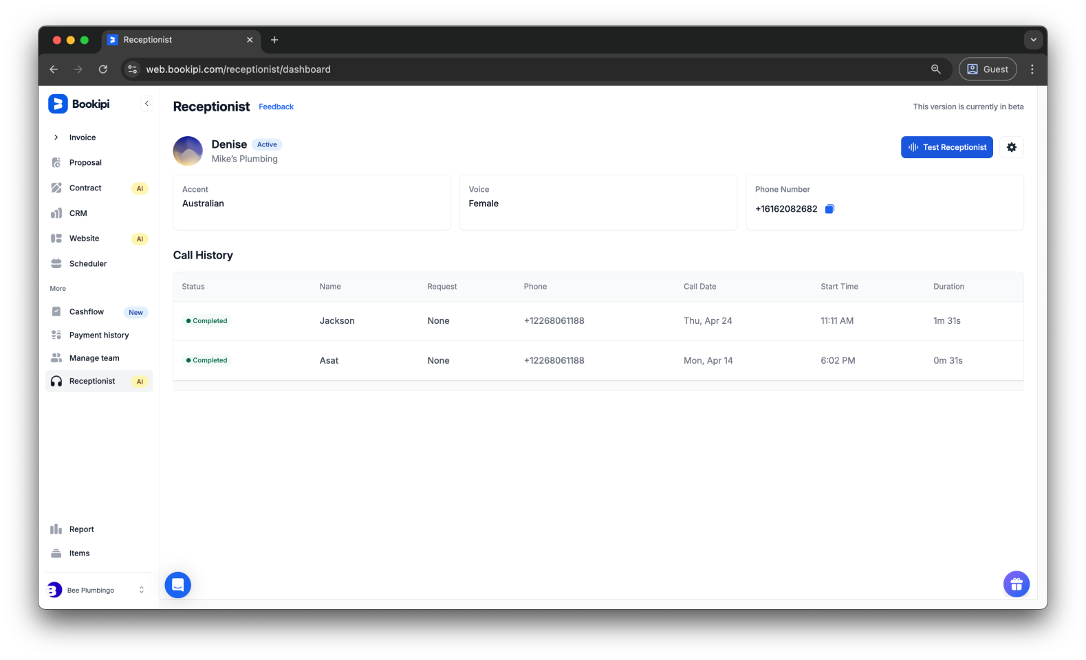Uncategorized - How to view your call history in Bookipi AI Receptionist - 2