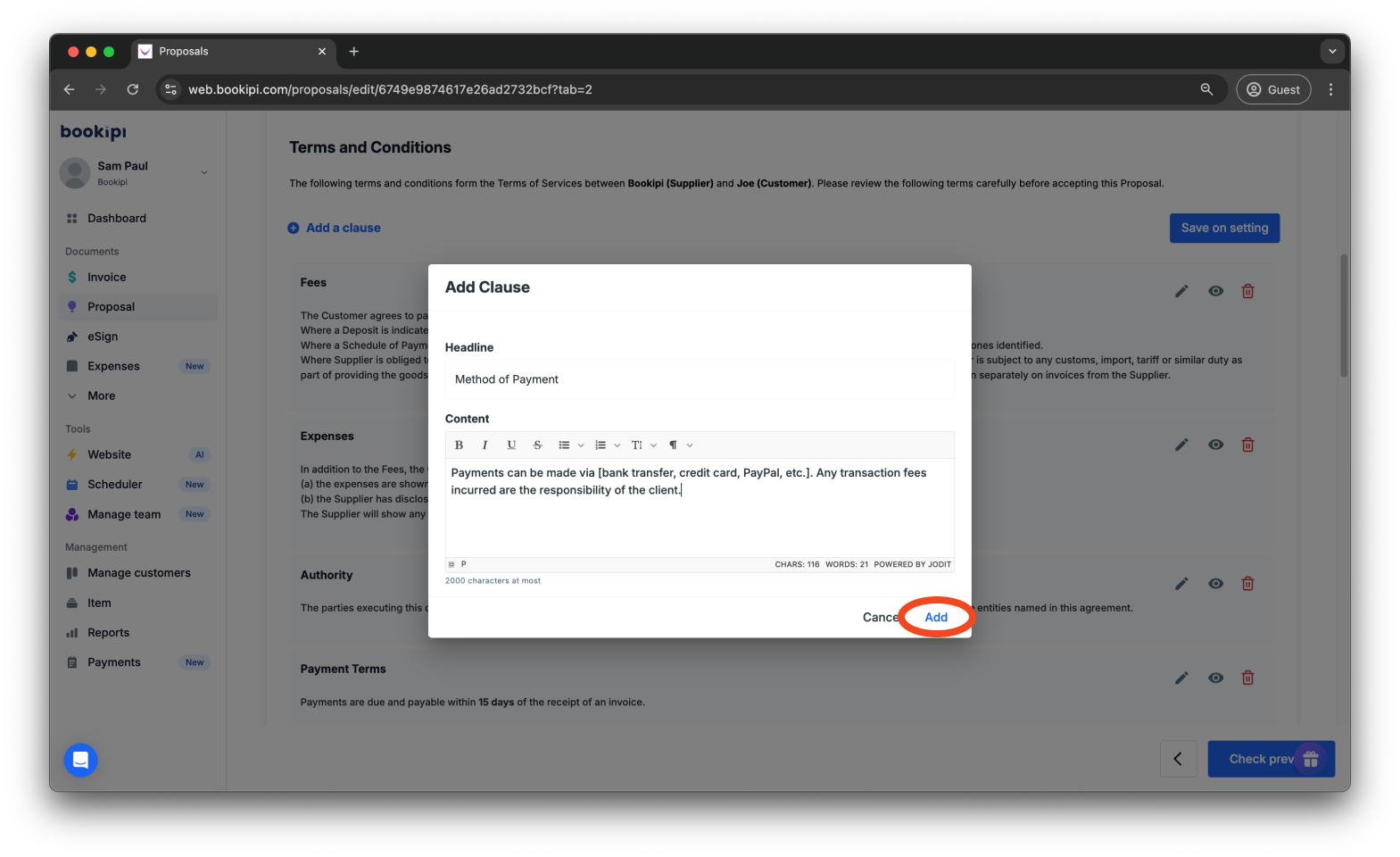 Bookipi Proposal Maker - How to set the terms and conditions for proposals - 7
