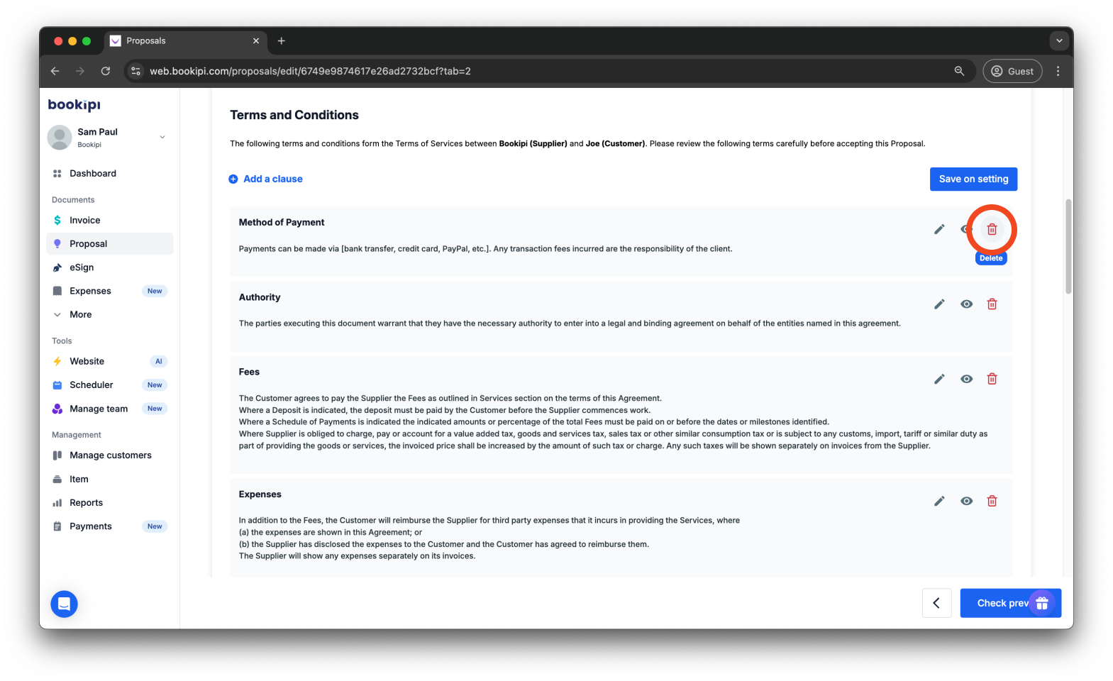 Bookipi Proposal Maker - How to set the terms and conditions for proposals - 15