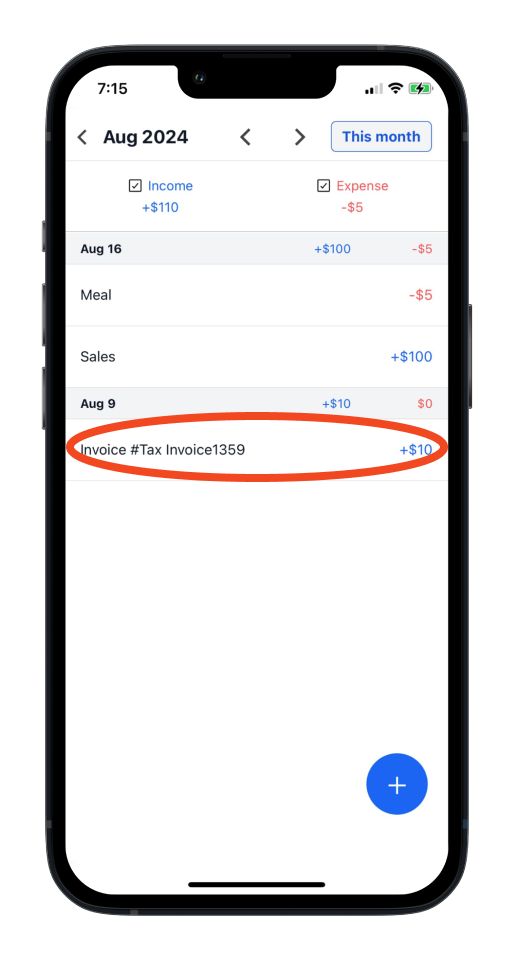 Invoice Mobile App - How to add an expense or income in cash flow - 11