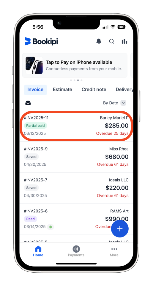 Invoice Mobile App - How to record a partial payment - 10