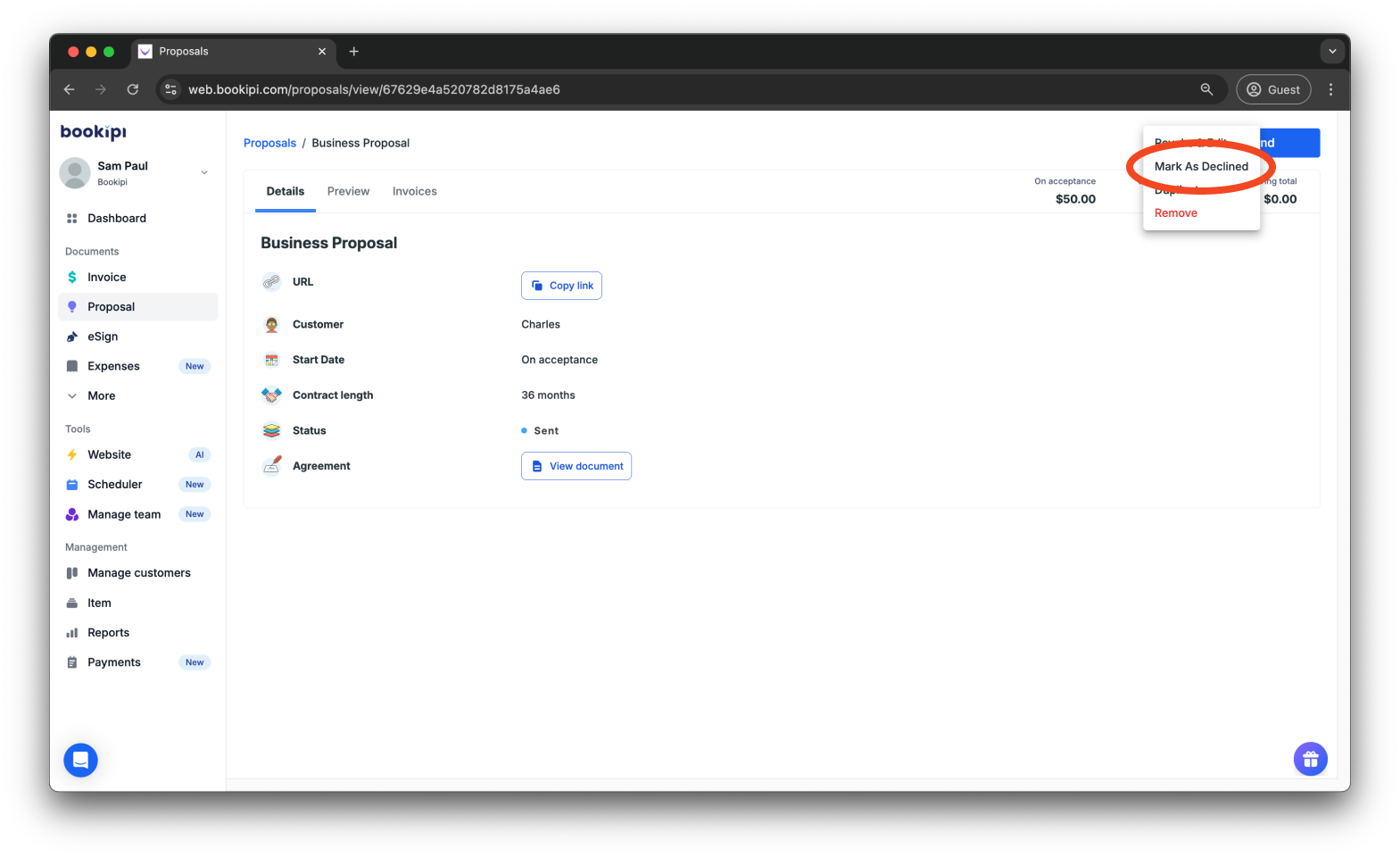 Bookipi Proposal Maker - How to mark a proposal as declined - 4