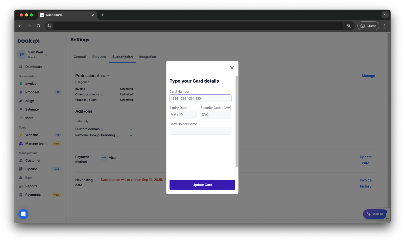 Bookipi Subscriptions - How to update your billing information for subscriptions - 5