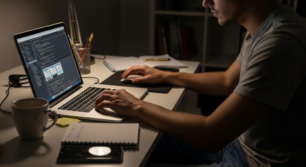 Software developer typing code on MacBook at desk with coffee, notebook, mouse in dim home office
