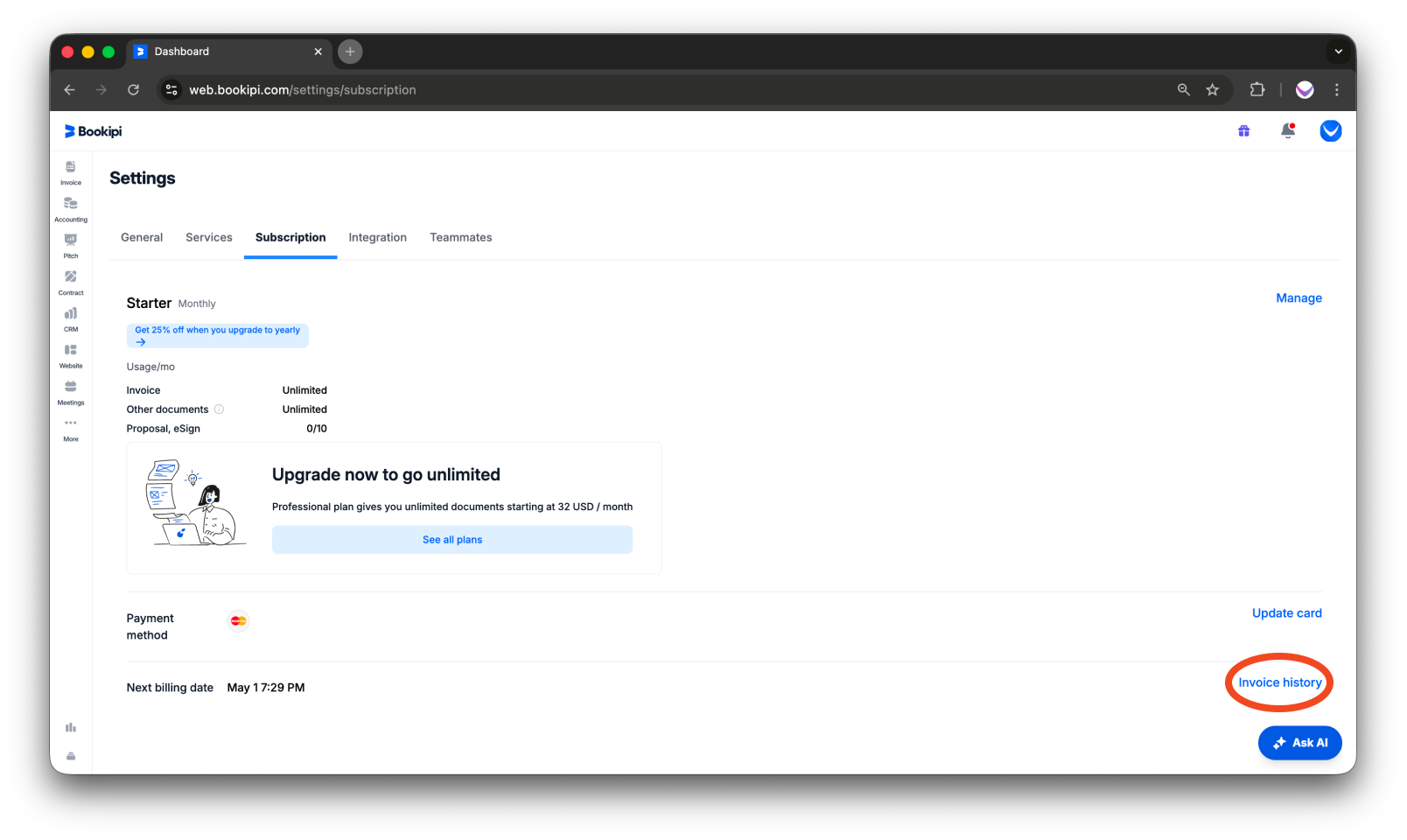 Bookipi Subscriptions - How to download subscription invoices - 5