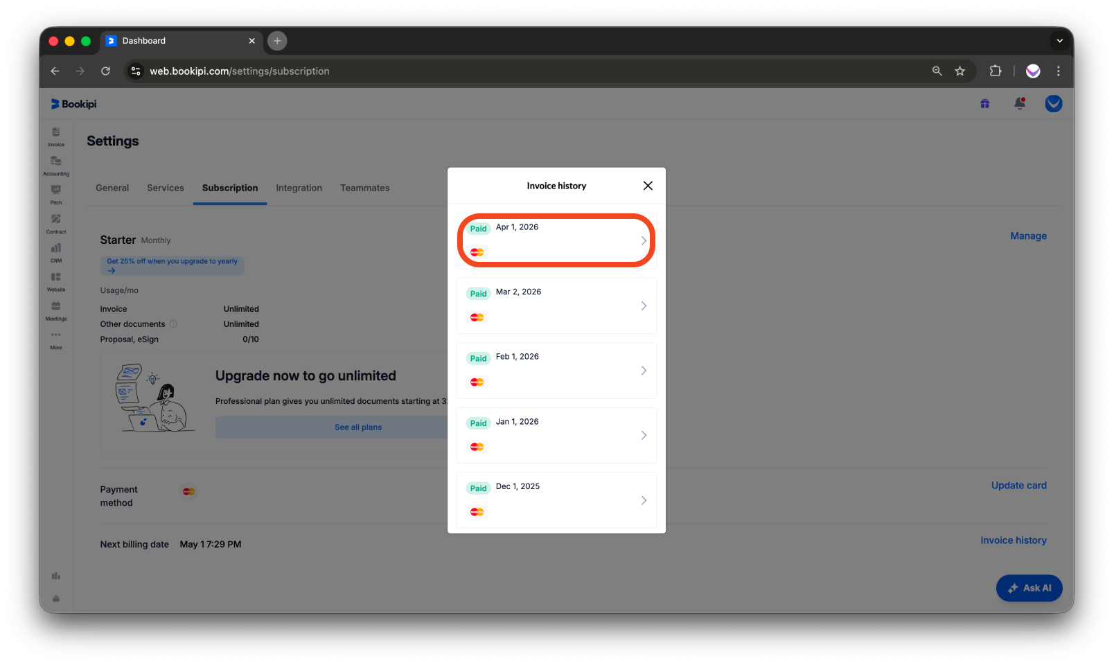 Bookipi Subscriptions - How to download subscription invoices - 6
