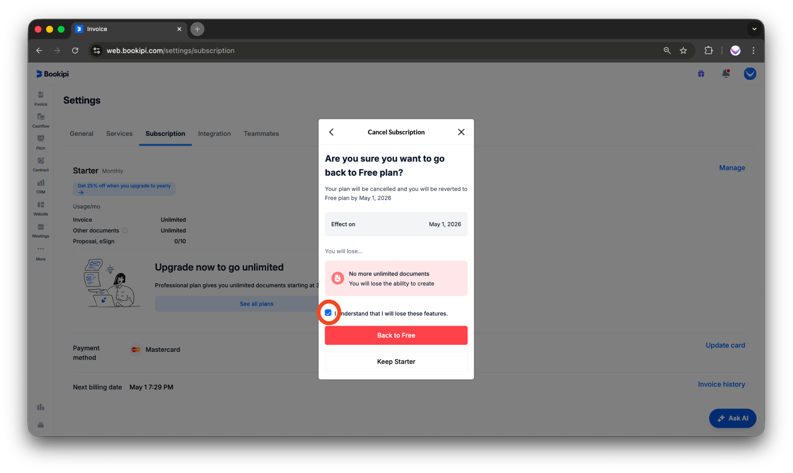 Bookipi Subscriptions - How to cancel a subscription - 7