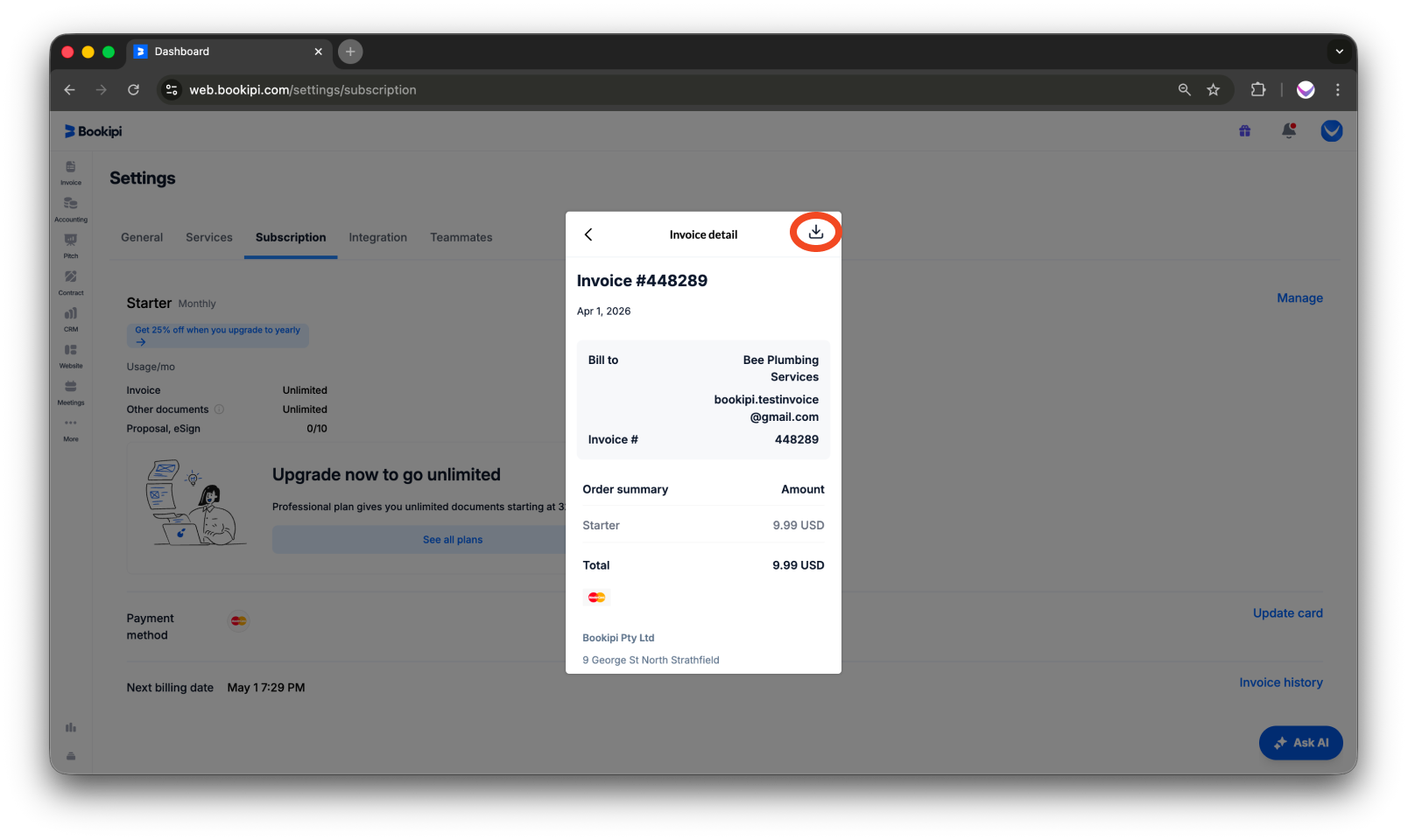 Bookipi Subscriptions - How to download subscription invoices - 7