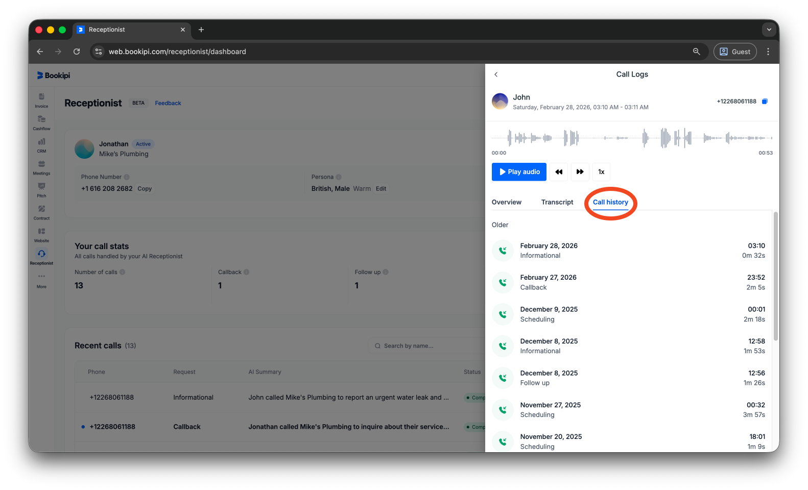 Uncategorized - How to view your call history in Bookipi AI Receptionist - 11