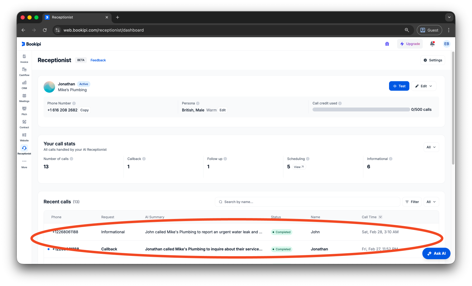 Uncategorized - How to view your call history in Bookipi AI Receptionist - 2