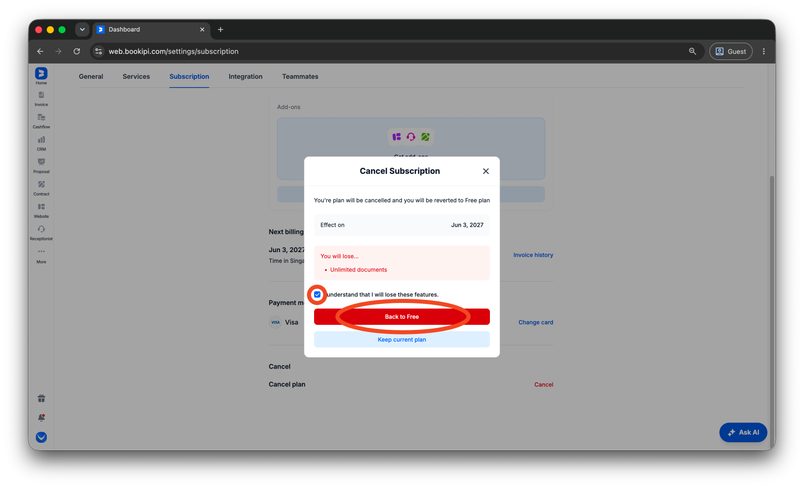 Bookipi Subscriptions - How to cancel a subscription - 7