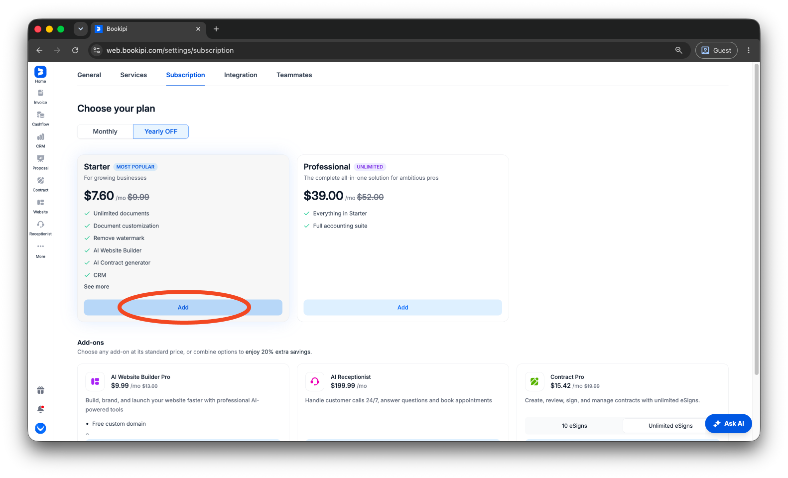 Bookipi Subscriptions - How to upgrade from a Free Plan to a Starter Plan Subscription - 6