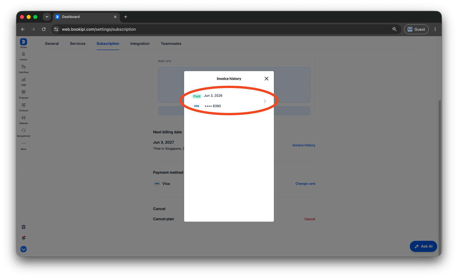 Bookipi Subscriptions - How to download subscription invoices - 6