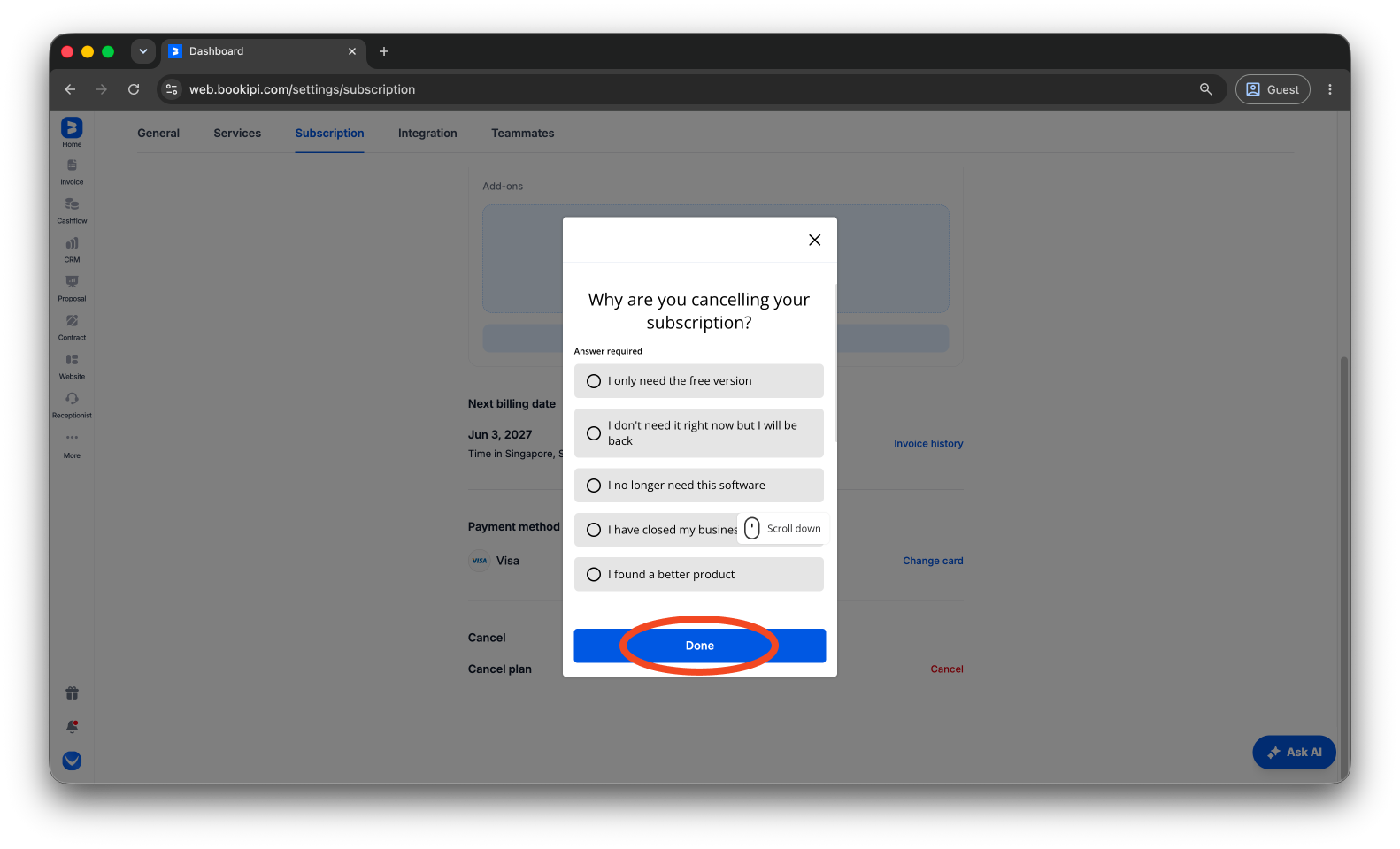 Bookipi Subscriptions - How to cancel a subscription - 8