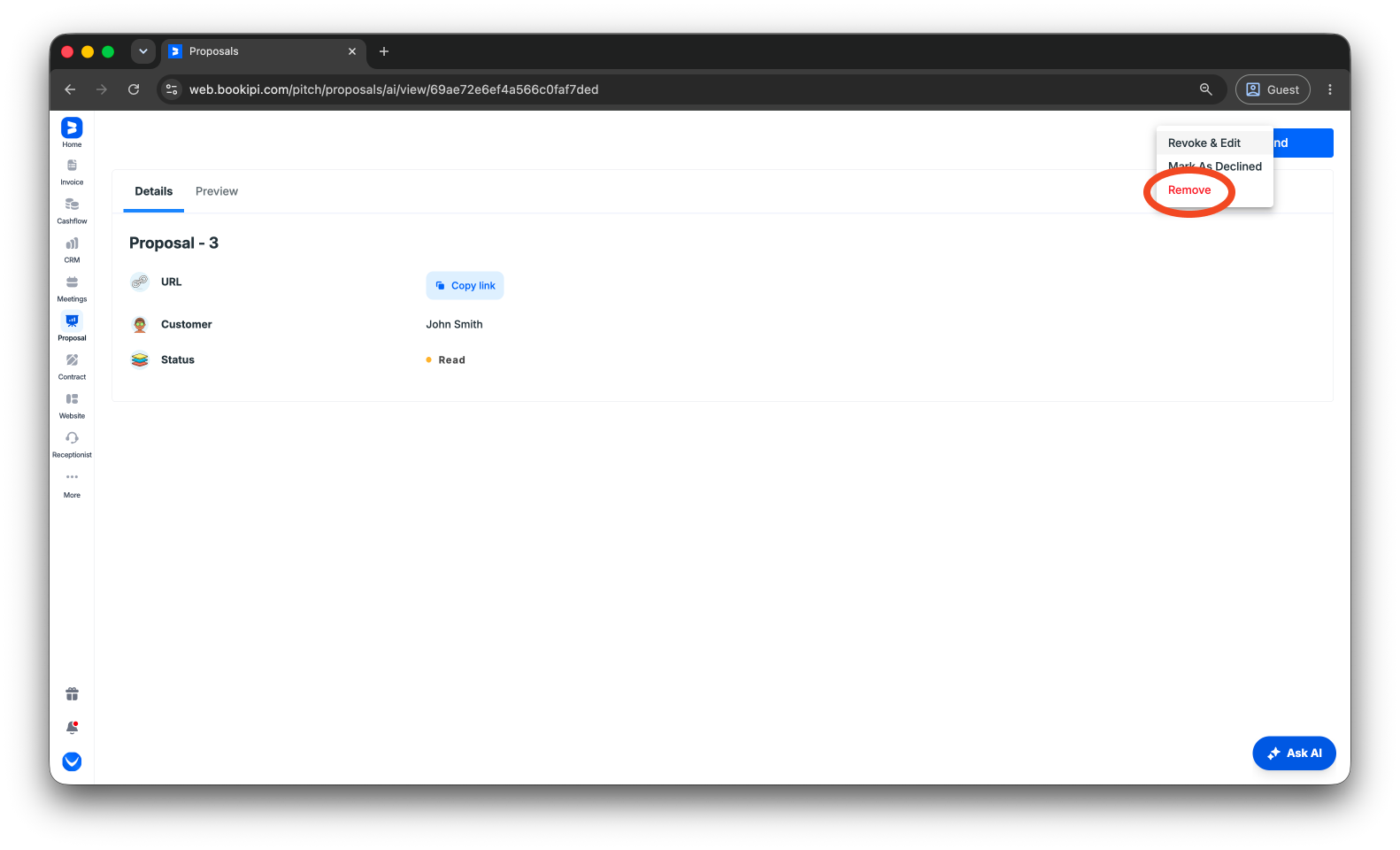 Bookipi Proposal Maker - How to delete a proposal on the Web App - 4