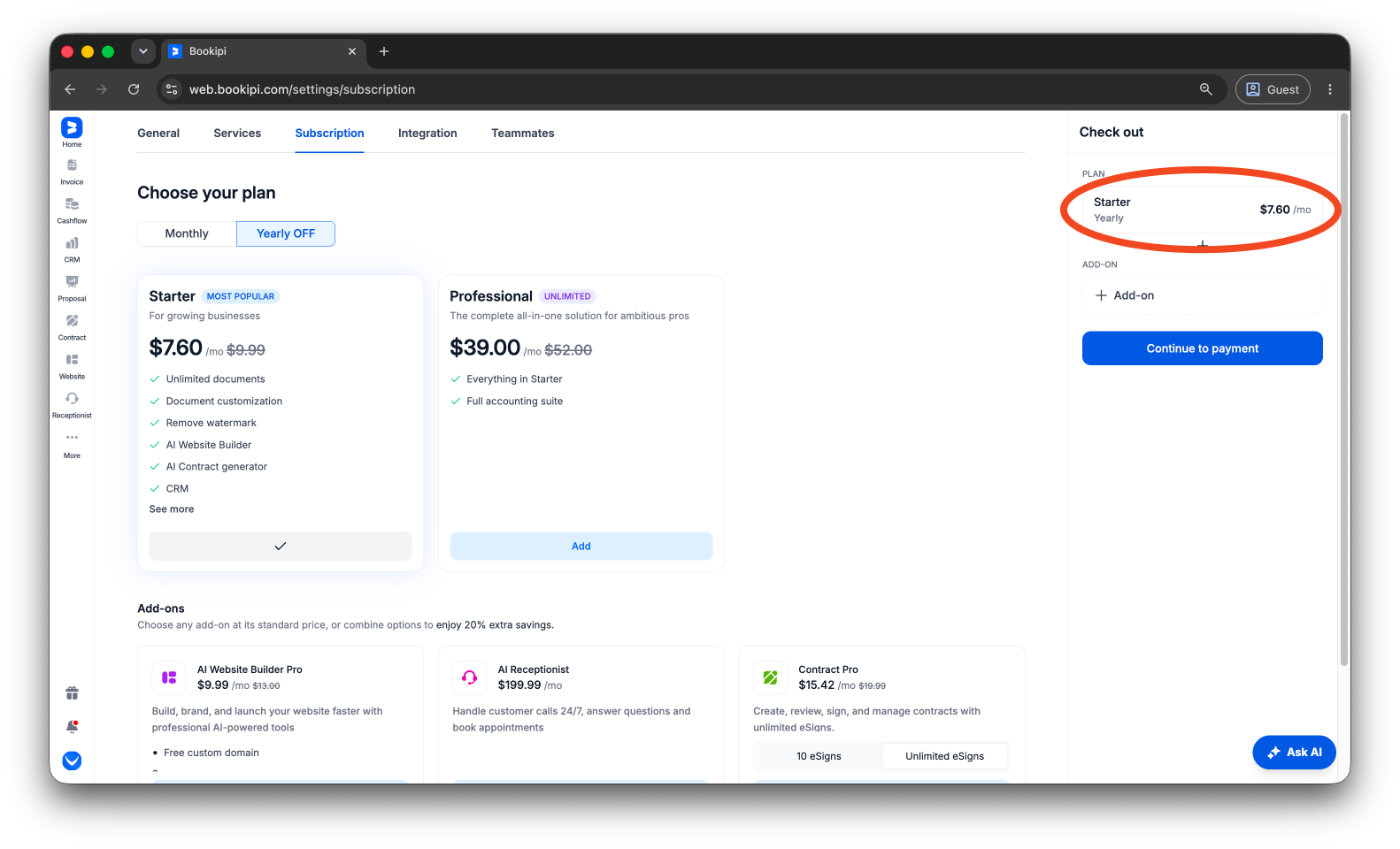 Bookipi Subscriptions - How to upgrade from a Free Plan to a Starter Plan Subscription - 7