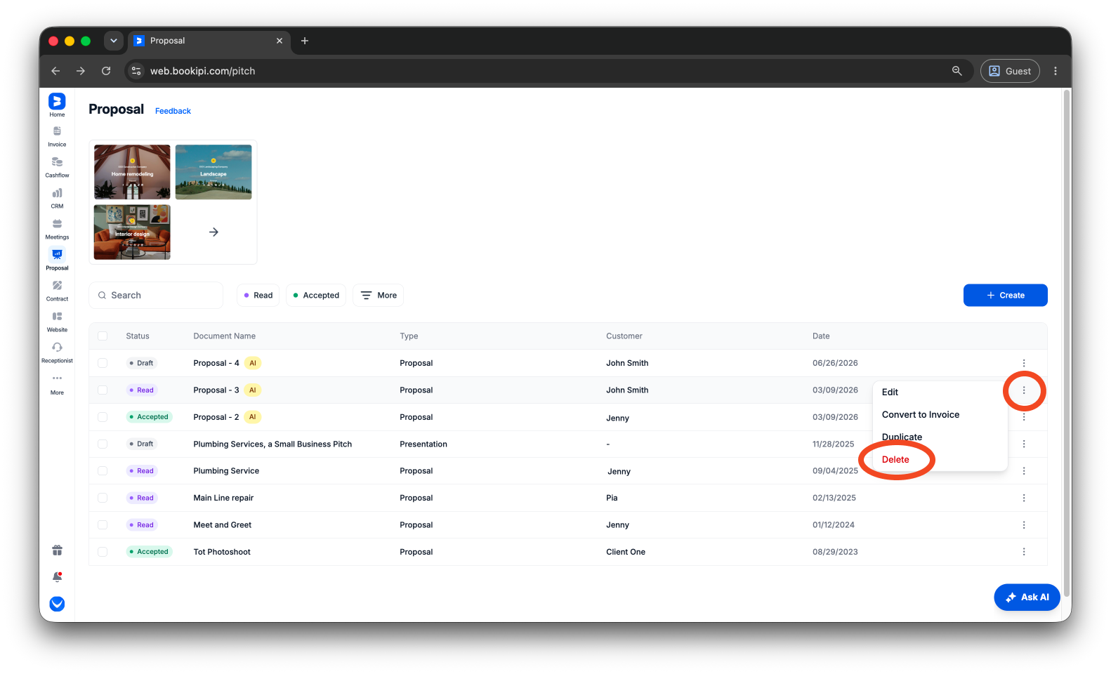 Bookipi Proposal Maker - How to delete a proposal on the Web App - 2