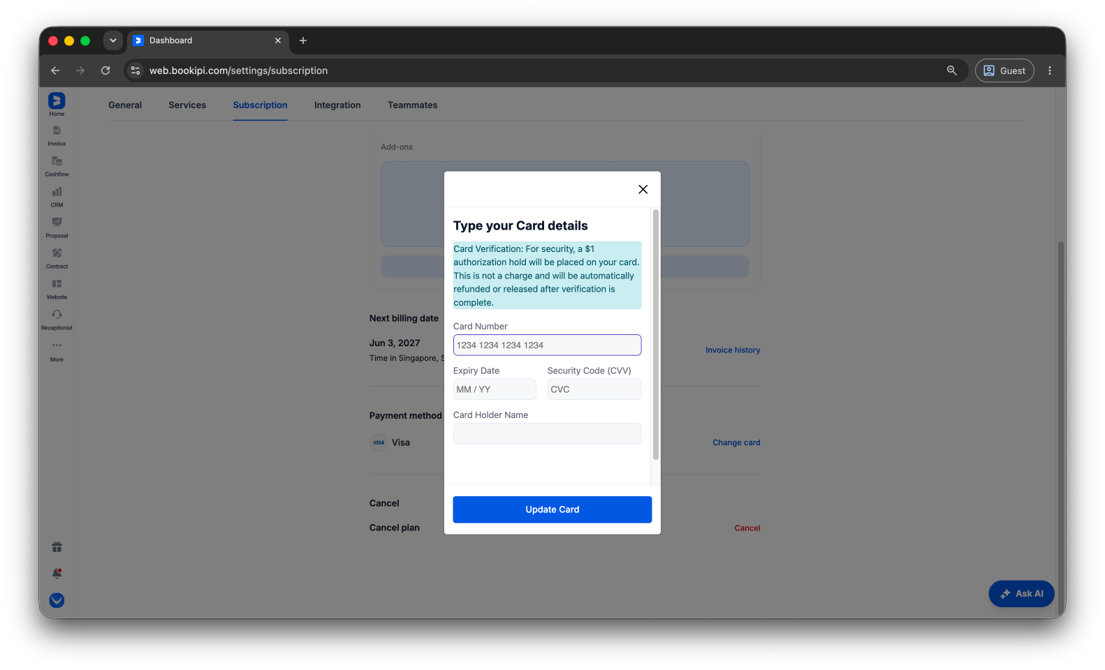Bookipi Subscriptions - How to update your billing information for subscriptions - 6