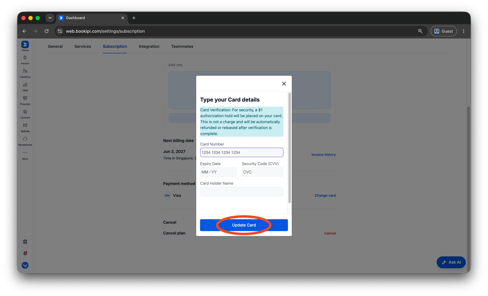 Bookipi Subscriptions - How to update your billing information for subscriptions - 7