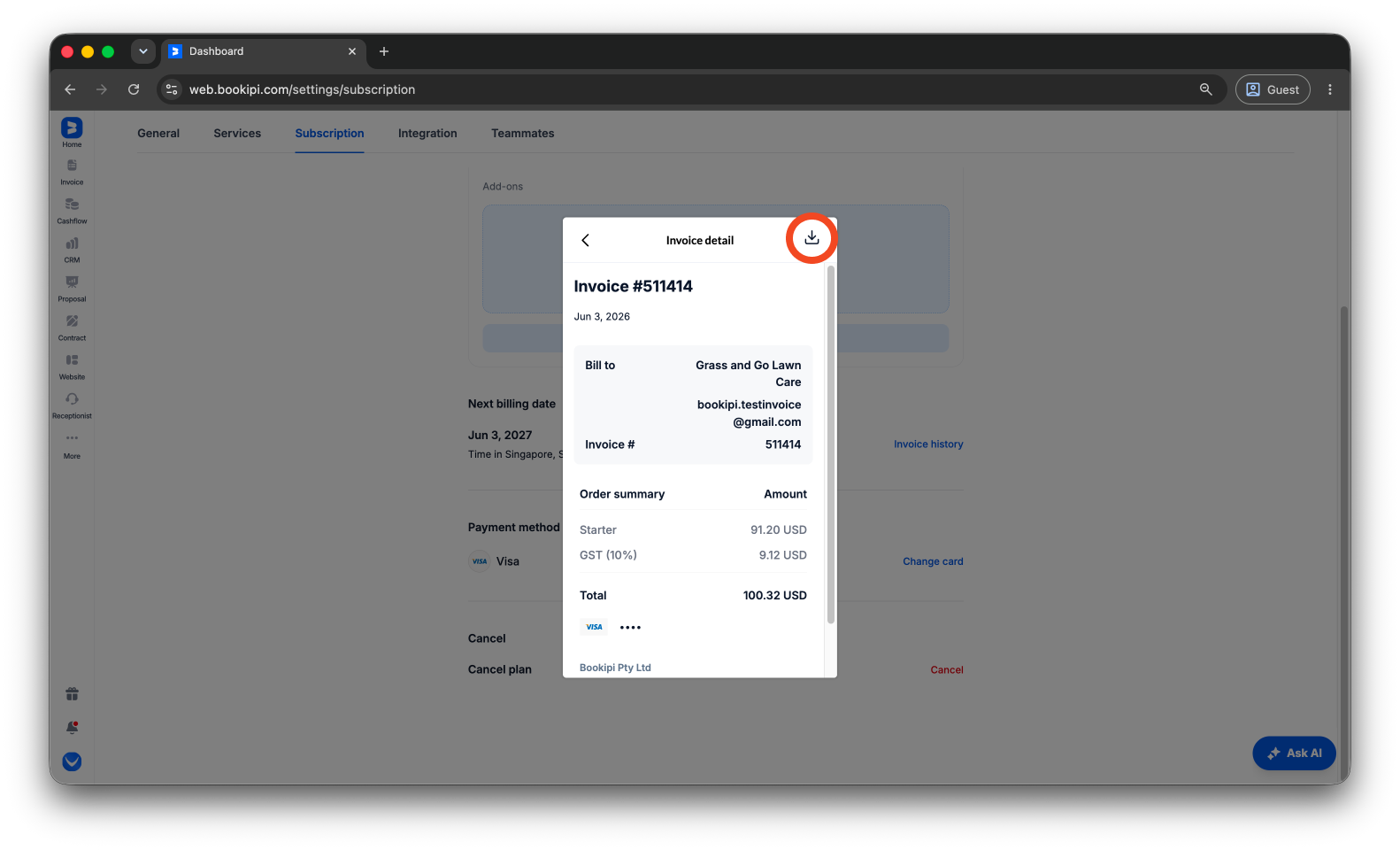 Bookipi Subscriptions - How to download subscription invoices - 7