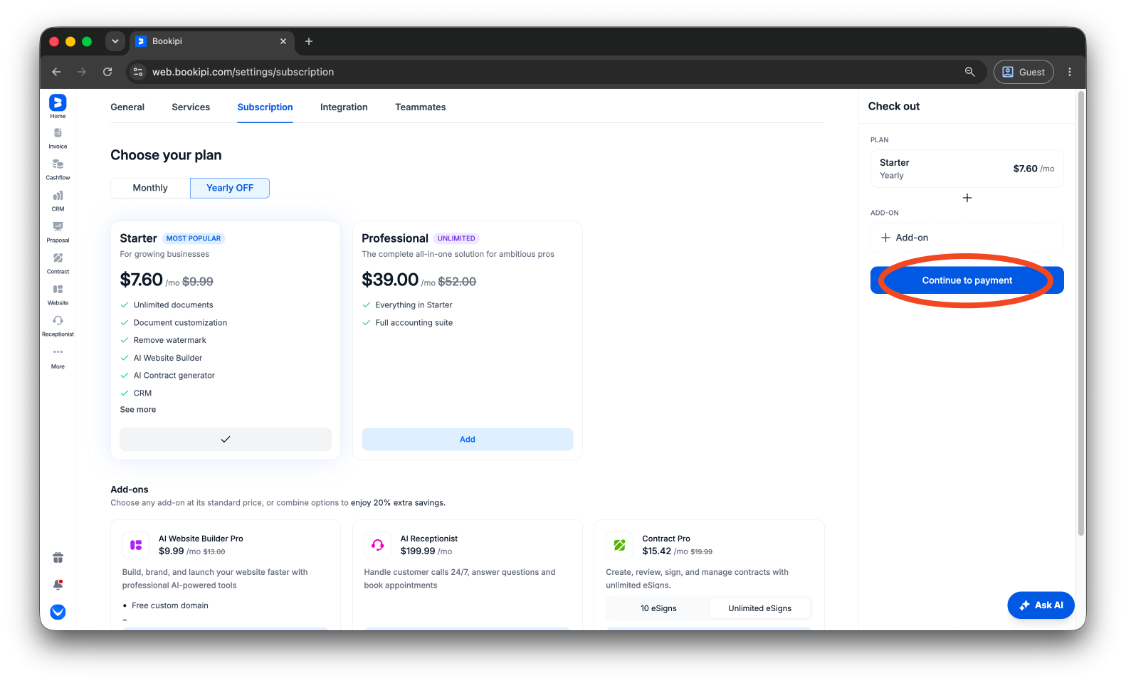 Bookipi Subscriptions - How to upgrade from a Free Plan to a Starter Plan Subscription - 8