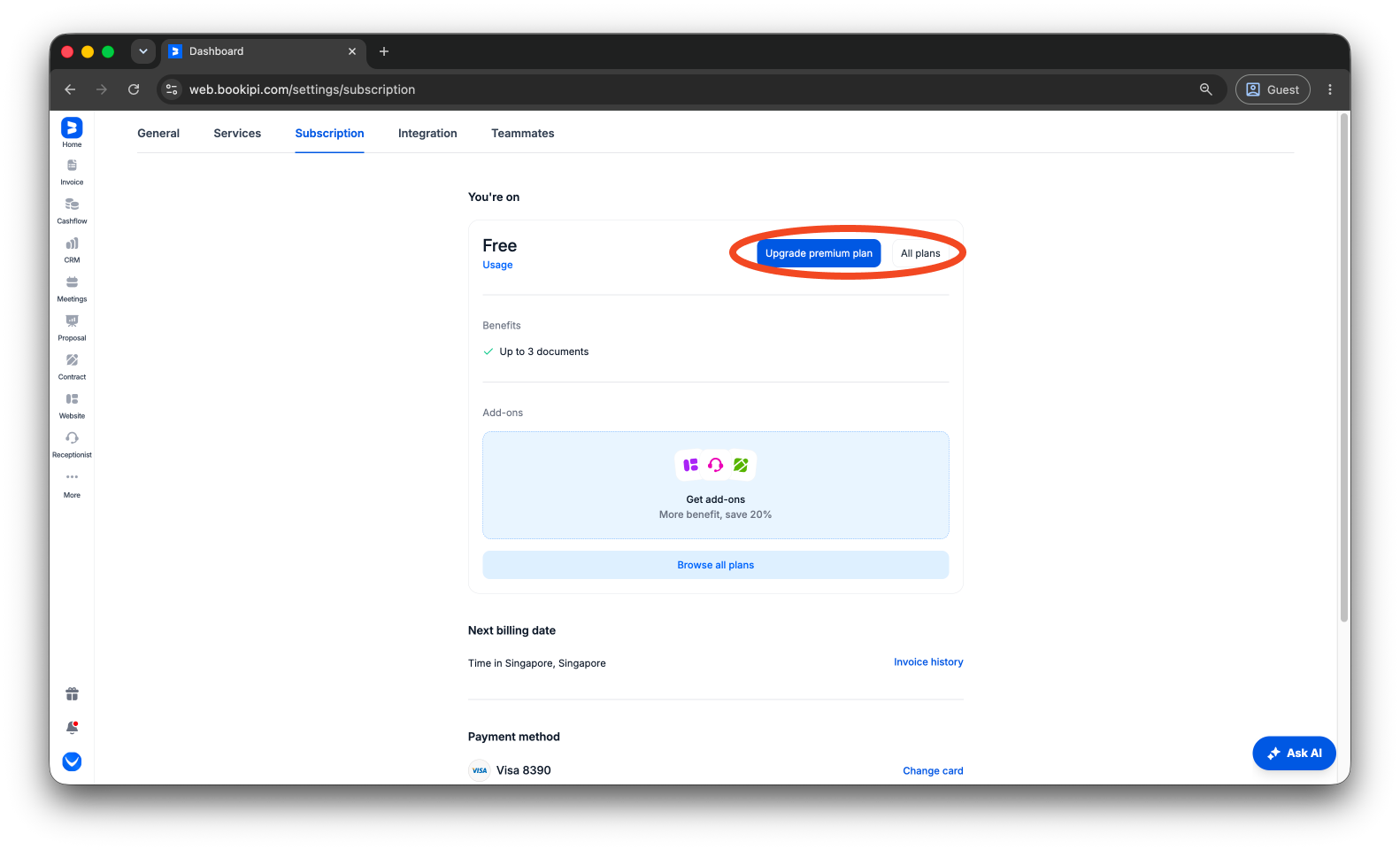 Bookipi Subscriptions - How to upgrade from a Free Plan to a Starter Plan Subscription - 5