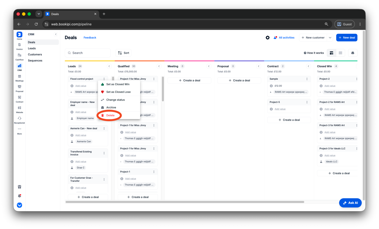 Uncategorized - How to delete a deal in Bookipi CRM - 4