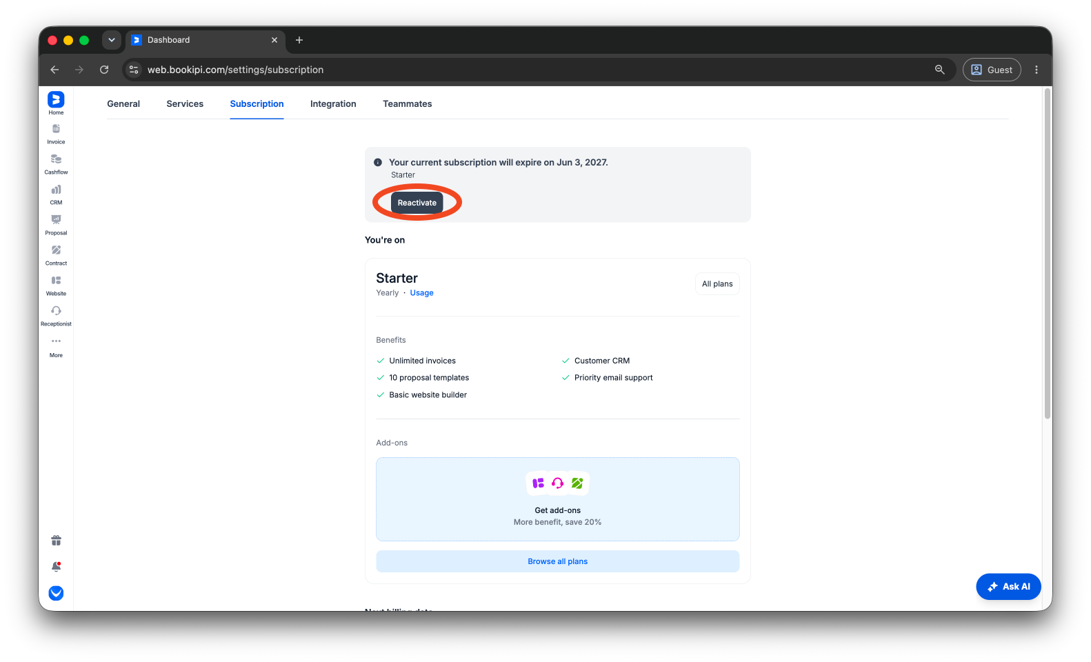 Bookipi Subscriptions - How to reactivate subscriptions - 5