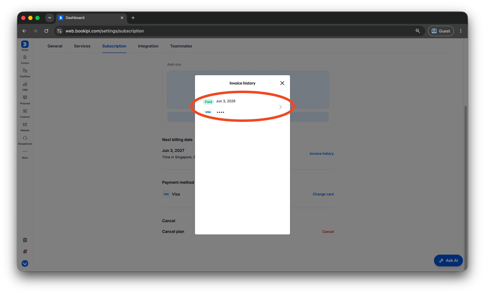 Bookipi Subscriptions - How to download subscription invoices - 6