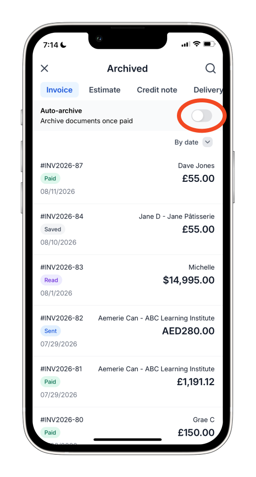 Invoice Mobile App - Auto Archive Paid invoices - 12